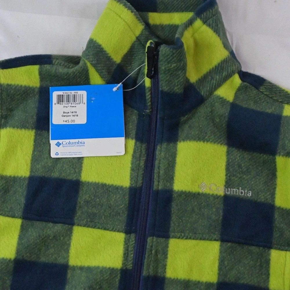 NEW Columbia‎ 14 / 16 Large Green Blue Check Zing Fleece Zip Up Jacket